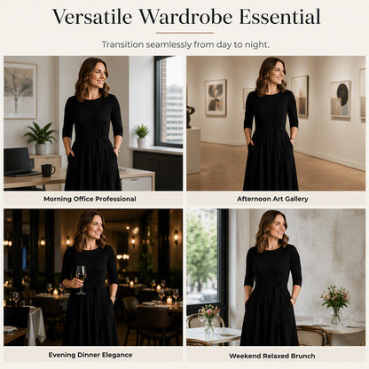 ✨ Flattering Knit Comfort | Women's Ribbed A-Line Midi Dress with Self-Tie Waist & Pockets