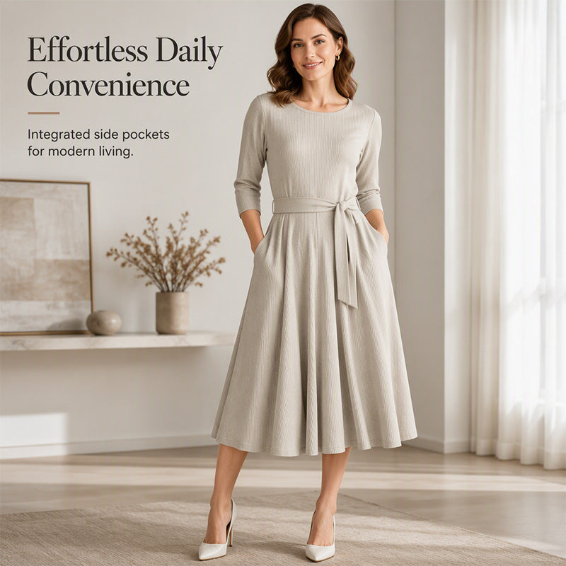 ✨ Flattering Knit Comfort | Women's Ribbed A-Line Midi Dress with Self-Tie Waist & Pockets
