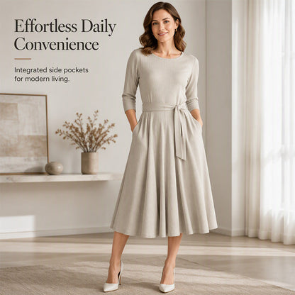 ✨ Flattering Knit Comfort | Women's Ribbed A-Line Midi Dress with Self-Tie Waist & Pockets