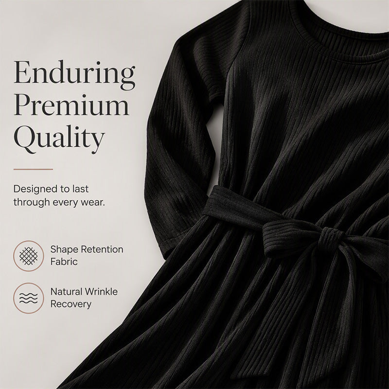 ✨ Flattering Knit Comfort | Women's Ribbed A-Line Midi Dress with Self-Tie Waist & Pockets