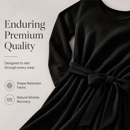 ✨ Flattering Knit Comfort | Women's Ribbed A-Line Midi Dress with Self-Tie Waist & Pockets