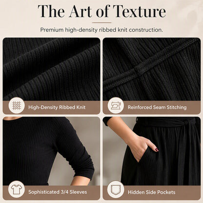 ✨ Flattering Knit Comfort | Women's Ribbed A-Line Midi Dress with Self-Tie Waist & Pockets