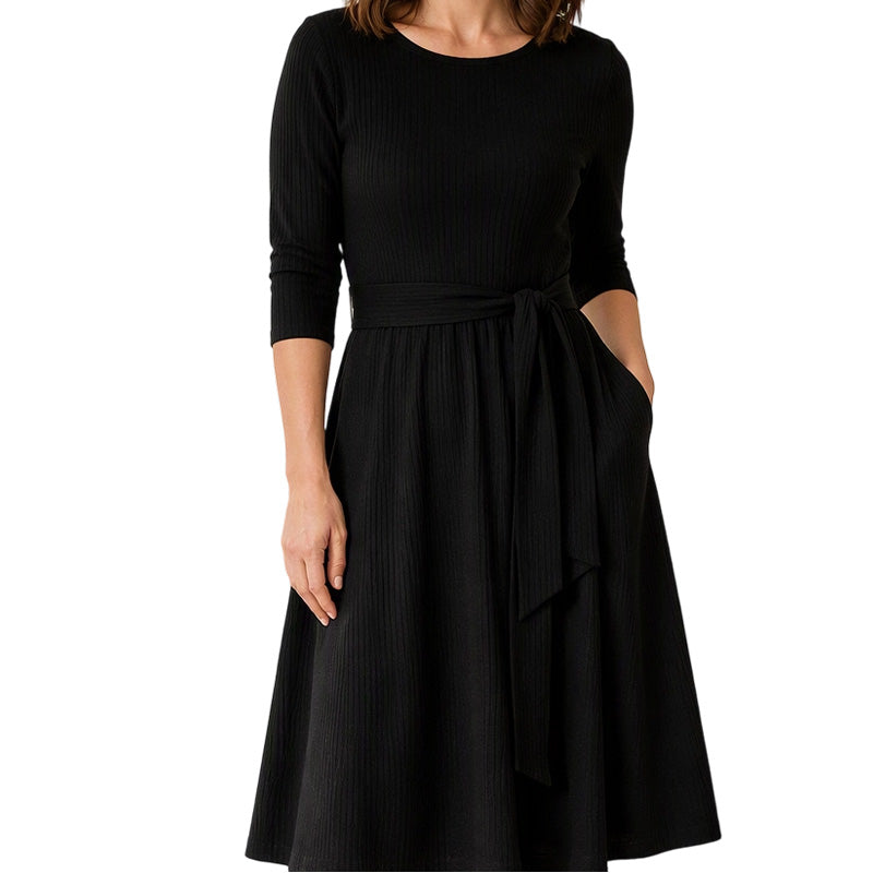 ✨ Flattering Knit Comfort | Women's Ribbed A-Line Midi Dress with Self-Tie Waist & Pockets