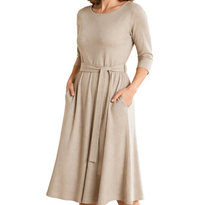 ✨ Flattering Knit Comfort | Women's Ribbed A-Line Midi Dress with Self-Tie Waist & Pockets