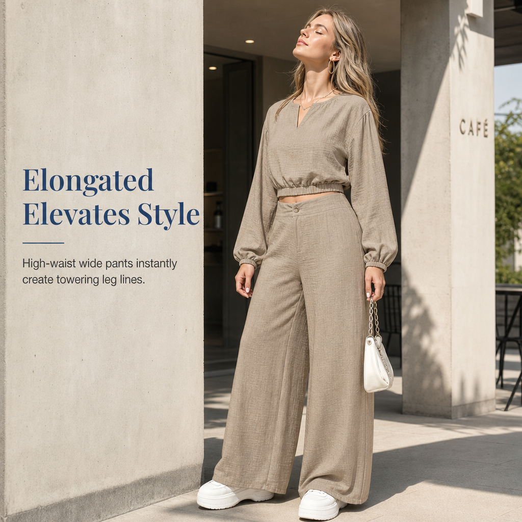 ✨ Breezy 2-Piece Style | Women's V-Neck Crop Top & High-Waisted Wide-Leg Pants Set