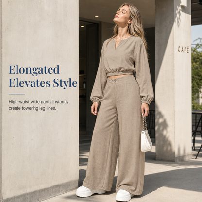 ✨ Breezy 2-Piece Style | Women's V-Neck Crop Top & High-Waisted Wide-Leg Pants Set