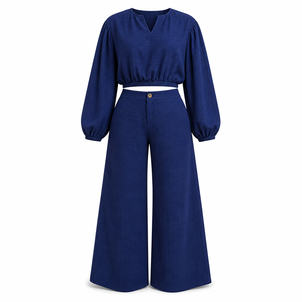 ✨ Breezy 2-Piece Style | Women's V-Neck Crop Top & High-Waisted Wide-Leg Pants Set