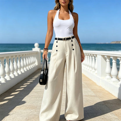 ✨ Polished Comfort | Women's High-Waisted Pleated Wide-Leg Pants with Side Buttons