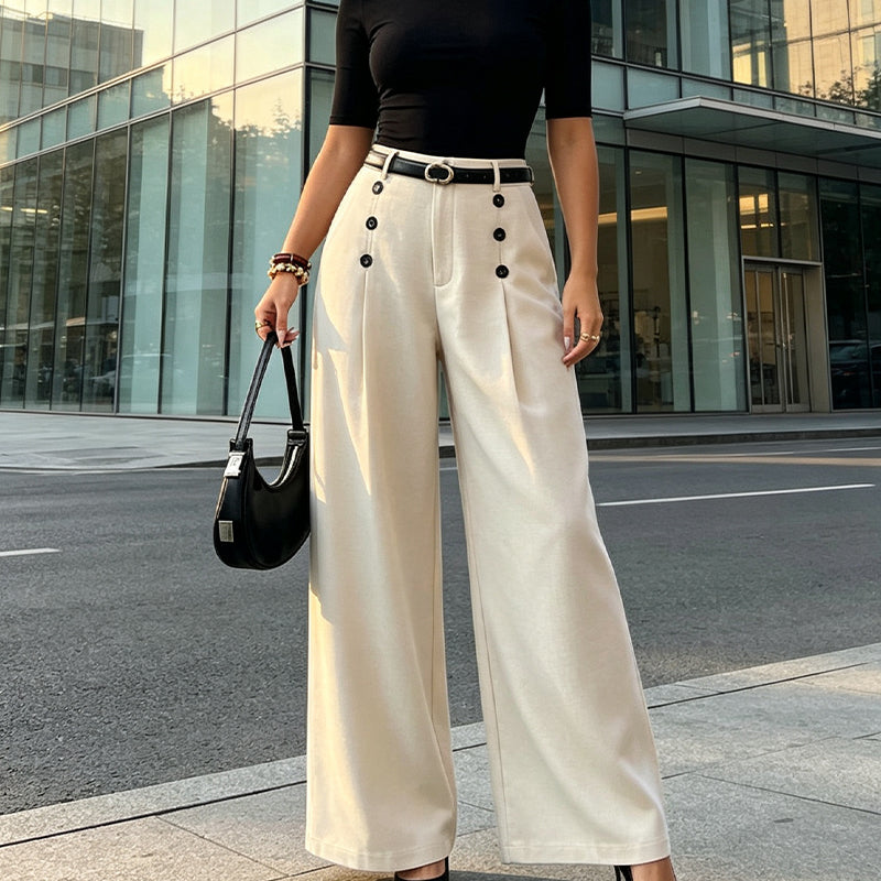 ✨ Polished Comfort | Women's High-Waisted Pleated Wide-Leg Pants with Side Buttons