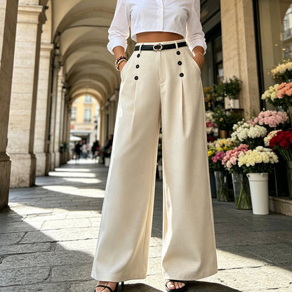 ✨ Polished Comfort | Women's High-Waisted Pleated Wide-Leg Pants with Side Buttons