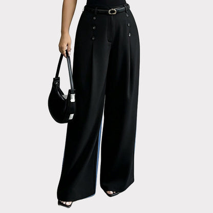 ✨ Polished Comfort | Women's High-Waisted Pleated Wide-Leg Pants with Side Buttons