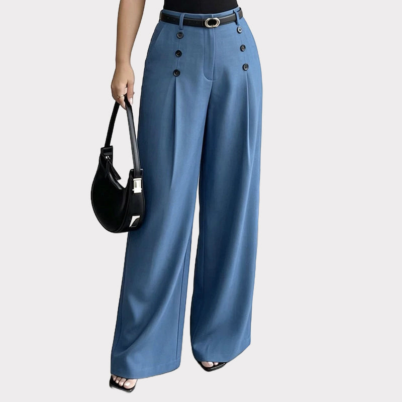 ✨ Polished Comfort | Women's High-Waisted Pleated Wide-Leg Pants with Side Buttons