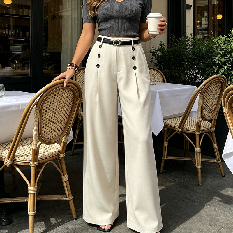 ✨ Polished Comfort | Women's High-Waisted Pleated Wide-Leg Pants with Side Buttons