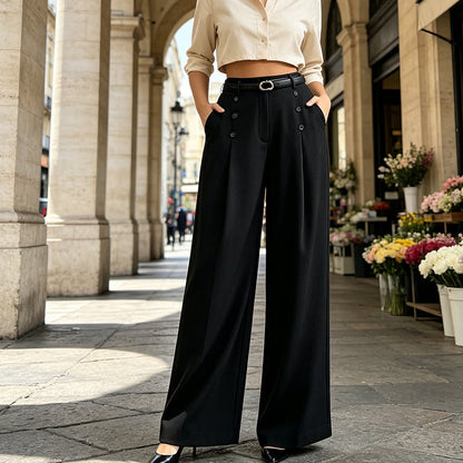 ✨ Polished Comfort | Women's High-Waisted Pleated Wide-Leg Pants with Side Buttons