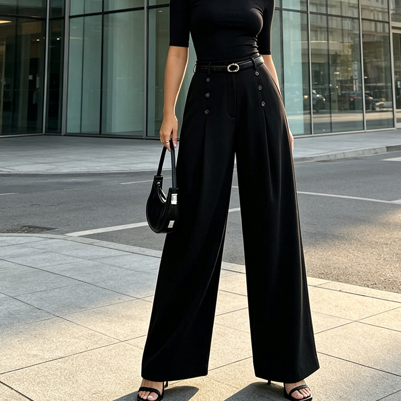 ✨ Polished Comfort | Women's High-Waisted Pleated Wide-Leg Pants with Side Buttons
