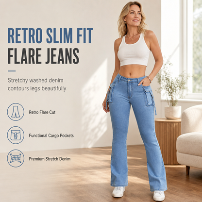 Women's High Stretch Slim Fit Cargo Flare Jeans with Flap Pockets