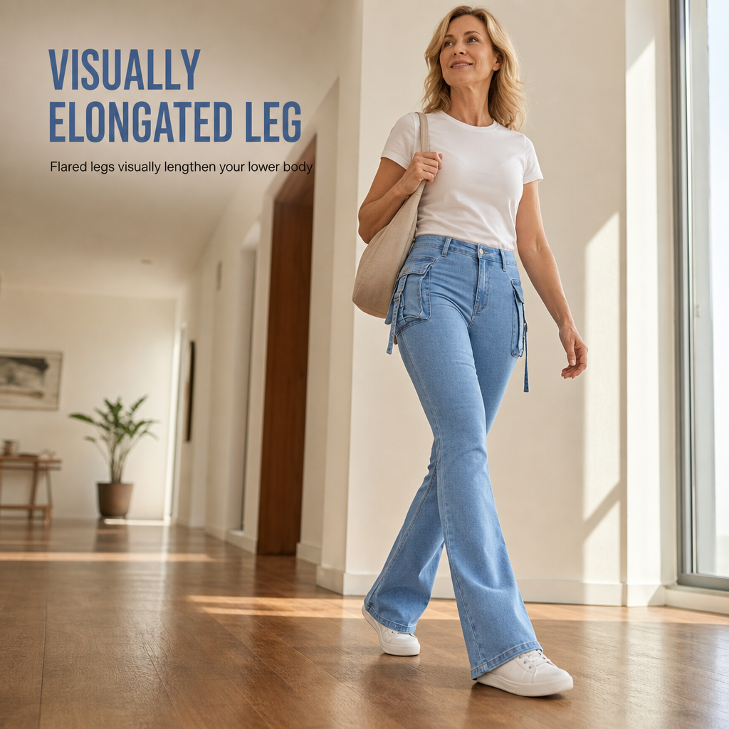 Women's High Stretch Slim Fit Cargo Flare Jeans with Flap Pockets