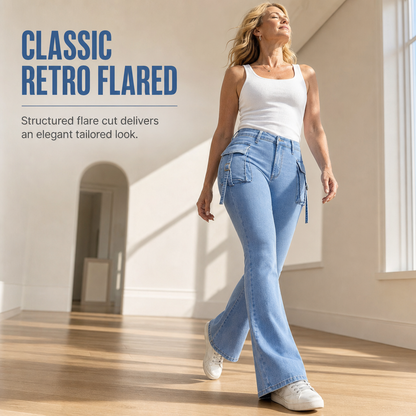 Women's High Stretch Slim Fit Cargo Flare Jeans with Flap Pockets