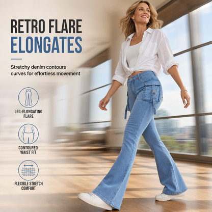 Women's High Stretch Slim Fit Cargo Flare Jeans with Flap Pockets