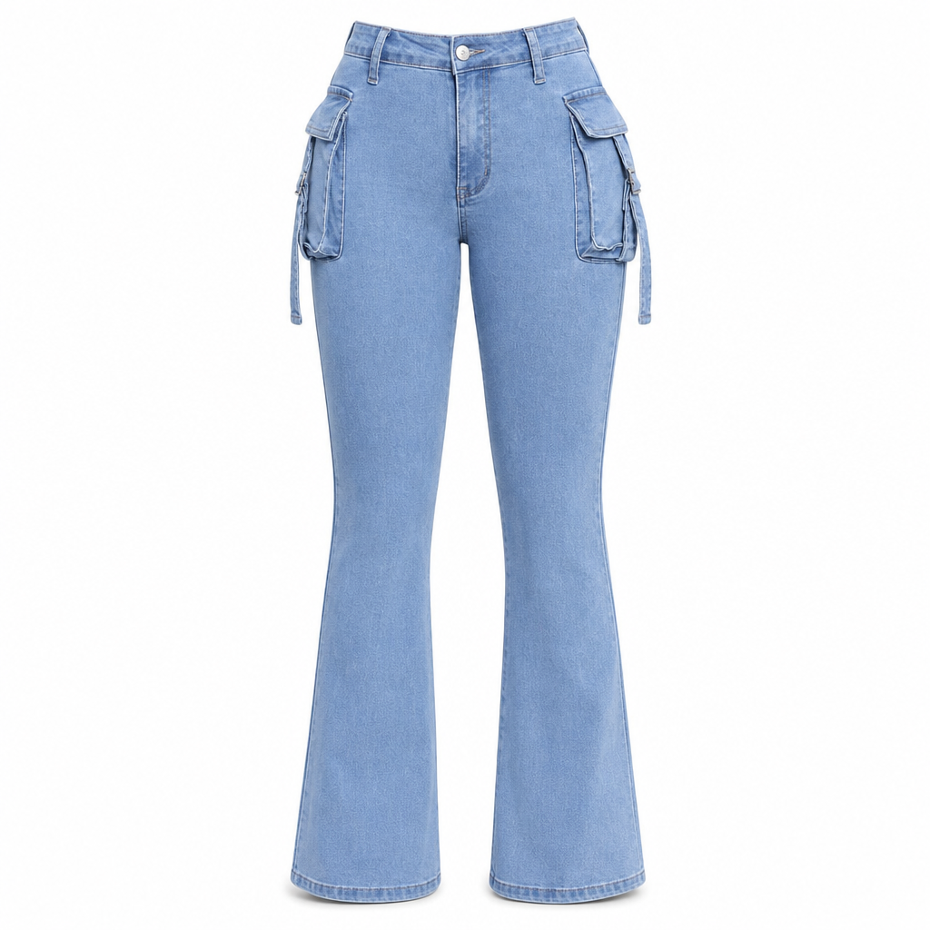 Women's High Stretch Slim Fit Cargo Flare Jeans with Flap Pockets