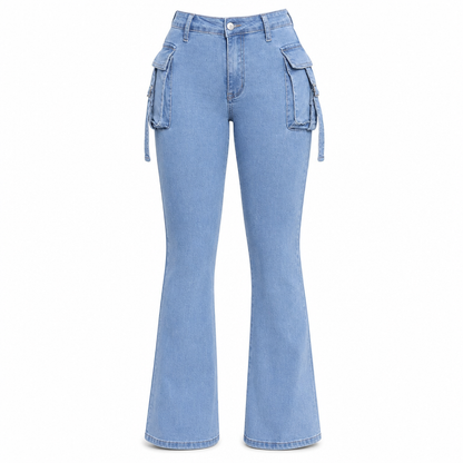 Women's High Stretch Slim Fit Cargo Flare Jeans with Flap Pockets