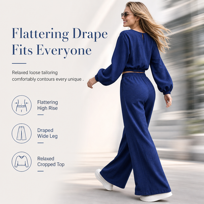Women's Casual  V-Neck Lantern Sleeve Crop Top & High Waist Wide Leg Pants Set