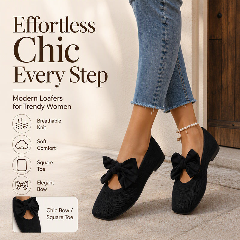 🎀 Easy Feminine Comfort | Women's Square-Toe Knit Bow Flat Shoes