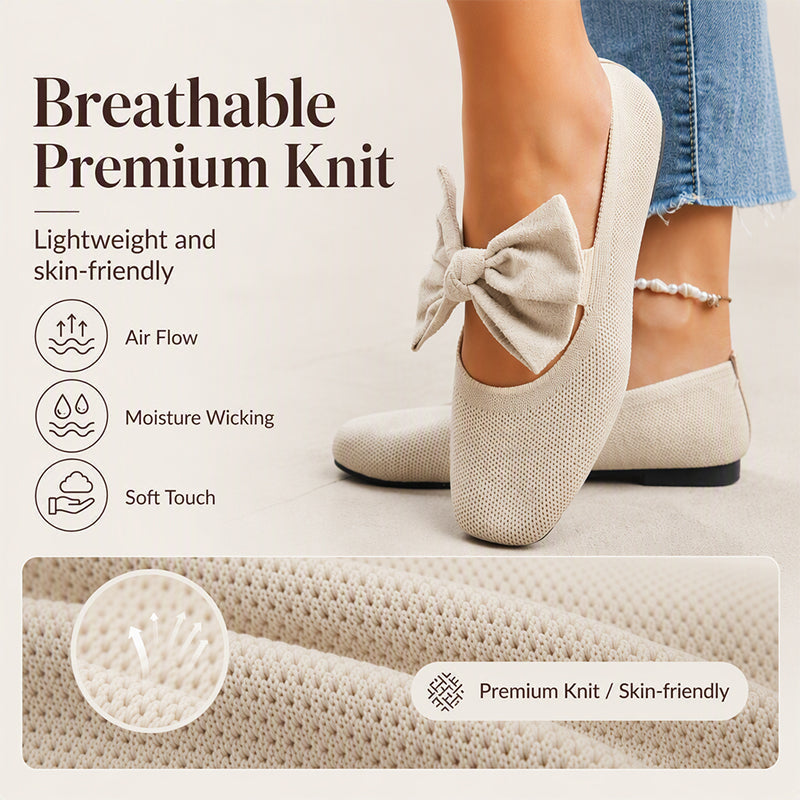 🎀 Easy Feminine Comfort | Women's Square-Toe Knit Bow Flat Shoes