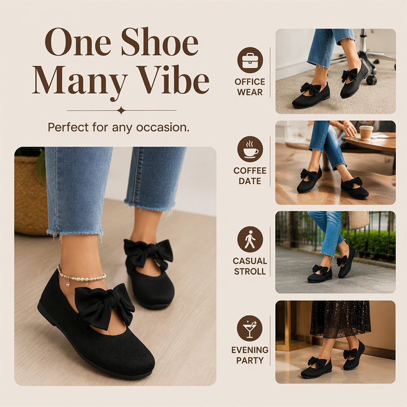 🎀 Easy Feminine Comfort | Women's Square-Toe Knit Bow Flat Shoes