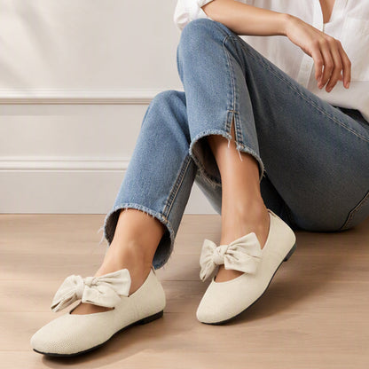 🎀 Easy Feminine Comfort | Women's Square-Toe Knit Bow Flat Shoes