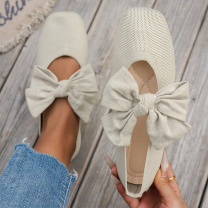 🎀 Easy Feminine Comfort | Women's Square-Toe Knit Bow Flat Shoes