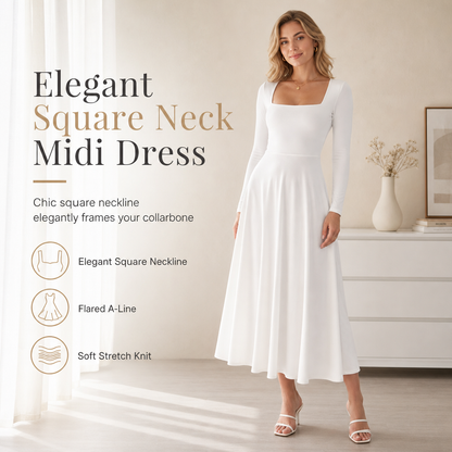 ✨ Flattering Knit Elegance | Women's Square-Neck Stretch A-Line Midi Dress