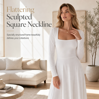 ✨ Flattering Knit Elegance | Women's Square-Neck Stretch A-Line Midi Dress