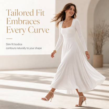 ✨ Flattering Knit Elegance | Women's Square-Neck Stretch A-Line Midi Dress