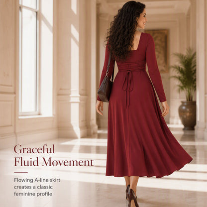 ✨ Flattering Knit Elegance | Women's Square-Neck Stretch A-Line Midi Dress