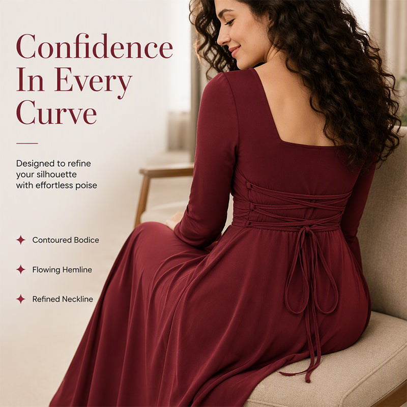 ✨ Flattering Knit Elegance | Women's Square-Neck Stretch A-Line Midi Dress