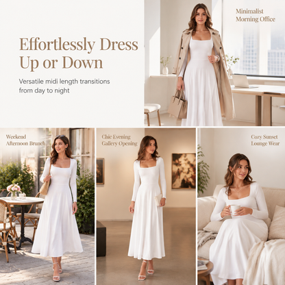 ✨ Flattering Knit Elegance | Women's Square-Neck Stretch A-Line Midi Dress