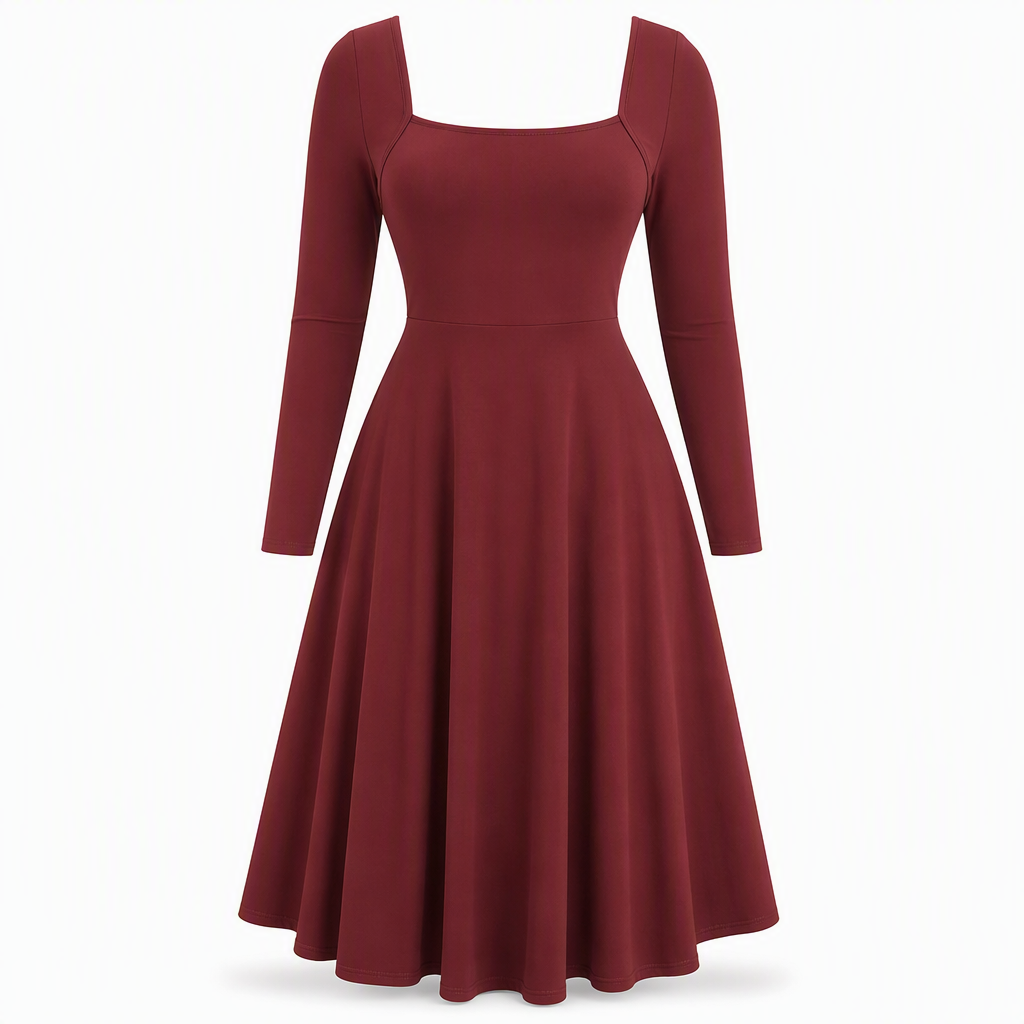 ✨ Flattering Knit Elegance | Women's Square-Neck Stretch A-Line Midi Dress