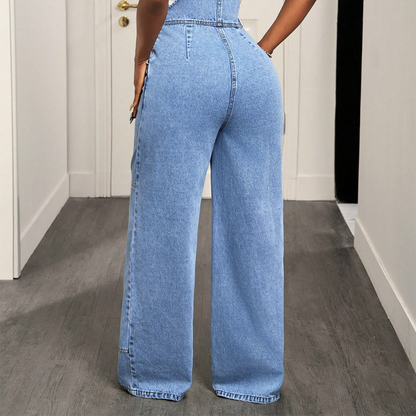 👖 Flattering One-Piece Style | Women's High-Waisted Wide-Leg Denim Jumpsuit ⚡ Free Shipping