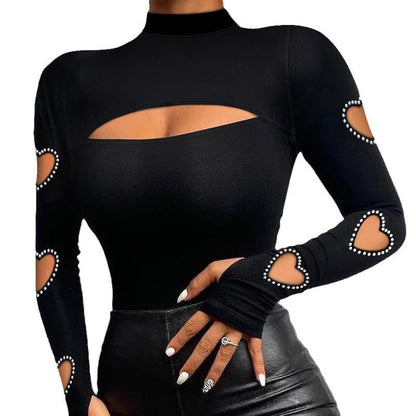 🖤 Statement Cutouts | Women's Heart-Cutout Mock-Neck Slim-Fit Top with Beaded Accents