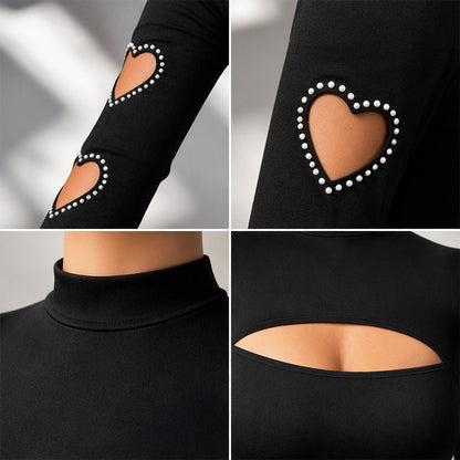 🖤 Statement Cutouts | Women's Heart-Cutout Mock-Neck Slim-Fit Top with Beaded Accents