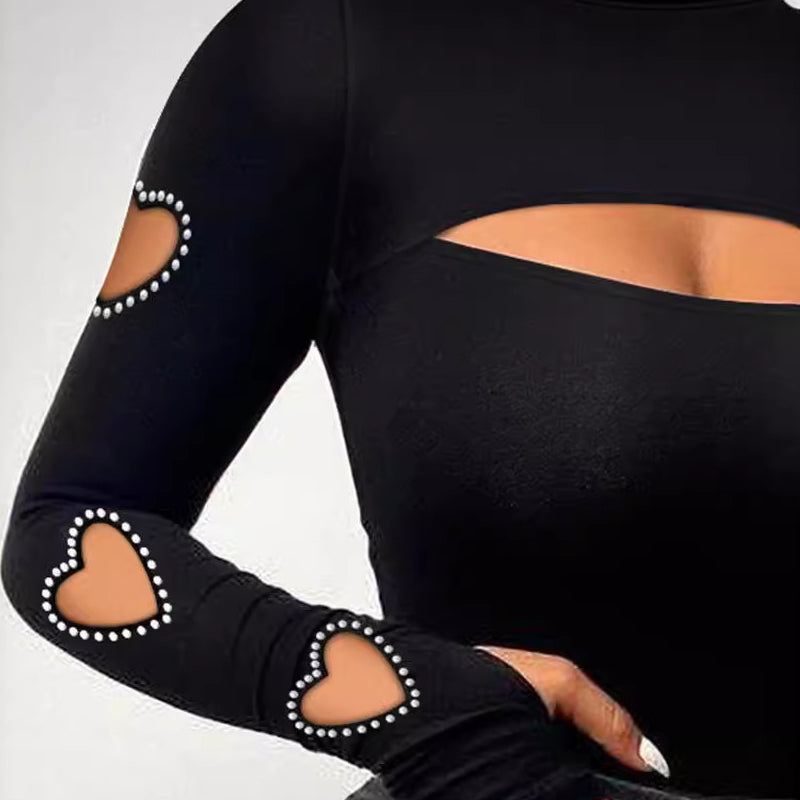 🖤 Statement Cutouts | Women's Heart-Cutout Mock-Neck Slim-Fit Top with Beaded Accents