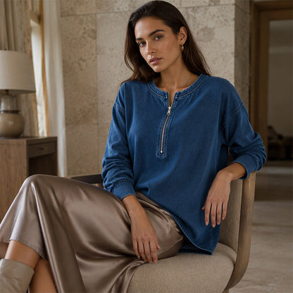 ✨ Modern Knit Detail | Women's Ribbed Knit Top with Asymmetrical Zipper