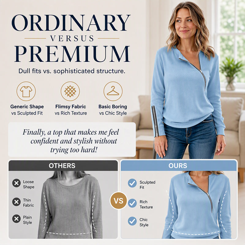 ✨ Modern Knit Detail | Women's Ribbed Knit Top with Asymmetrical Zipper