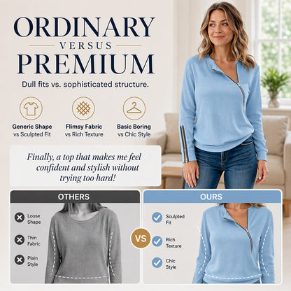 ✨ Modern Knit Detail | Women's Ribbed Knit Top with Asymmetrical Zipper
