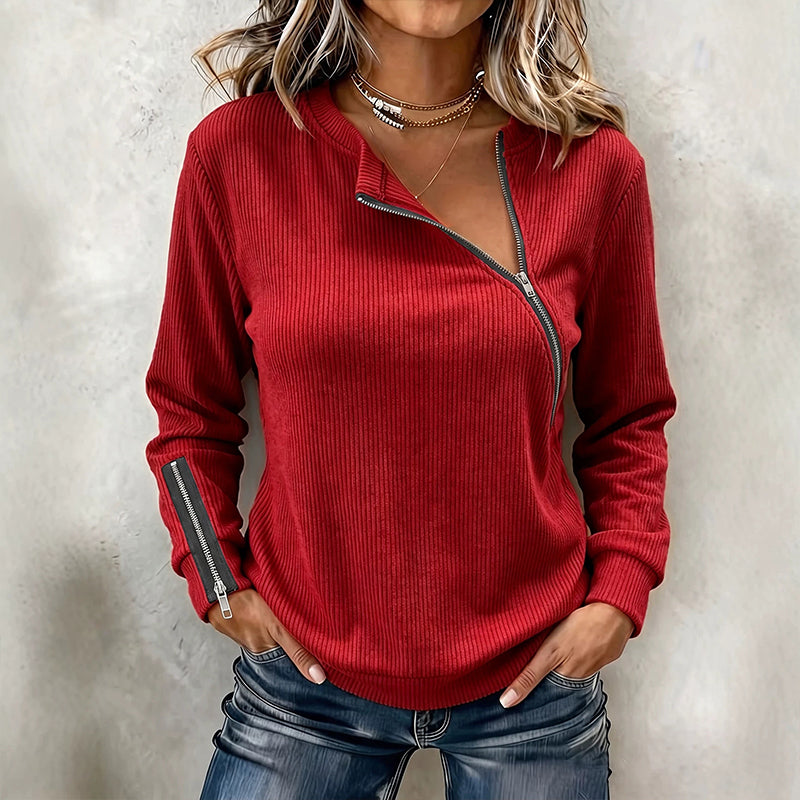 ✨ Modern Knit Detail | Women's Ribbed Knit Top with Asymmetrical Zipper