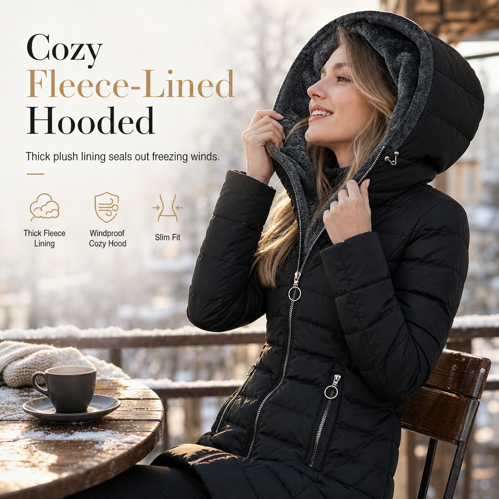 ❄️ Warm Without the Bulk | Women's Mid-Length Fleece-Lined Quilted Hooded Coat