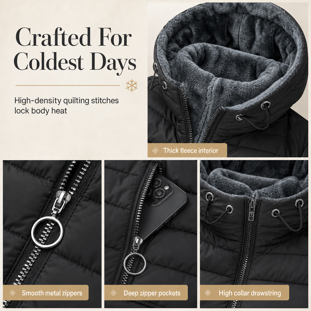 ❄️ Warm Without the Bulk | Women's Mid-Length Fleece-Lined Quilted Hooded Coat