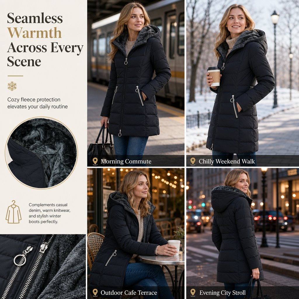 ❄️ Warm Without the Bulk | Women's Mid-Length Fleece-Lined Quilted Hooded Coat