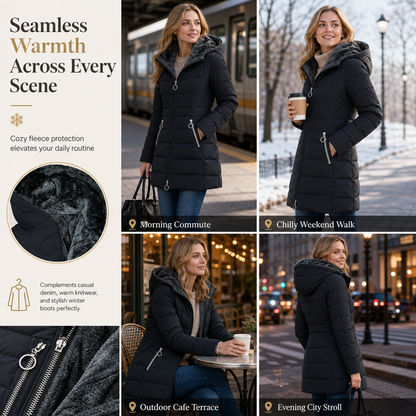 ❄️ Warm Without the Bulk | Women's Mid-Length Fleece-Lined Quilted Hooded Coat